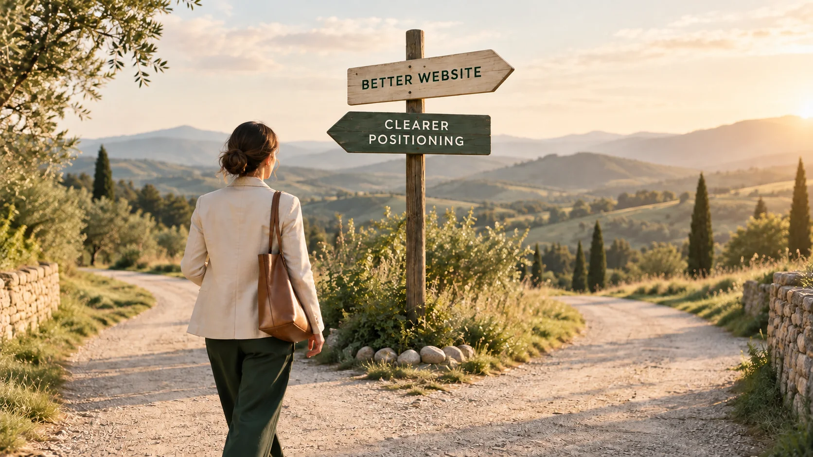 Photographic scene of a business owner at a fork in the road with signs for Better Website and Clearer Positioning